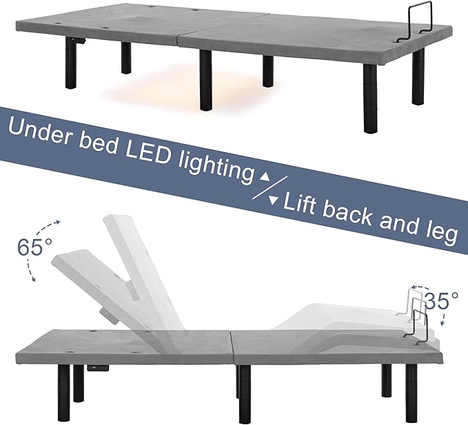 Fromann Adjustable Electric Twin XL Bed Base Frame with Massage, USB Type-C Ports, Zero Gravity, Under Bed Led Lighting and Three Leg Height (Grey)