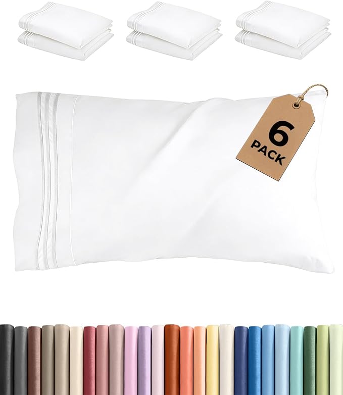 Queen Pillow Cases Set of 6 - Ultra Soft Hotel Quality Pillowcase Covers - Comfy & Wrinkle Free - Shrink, Stain & Fade Resistant - Easy-Care, Machine Washable Pillow Protectors - 6 Piece Set - White