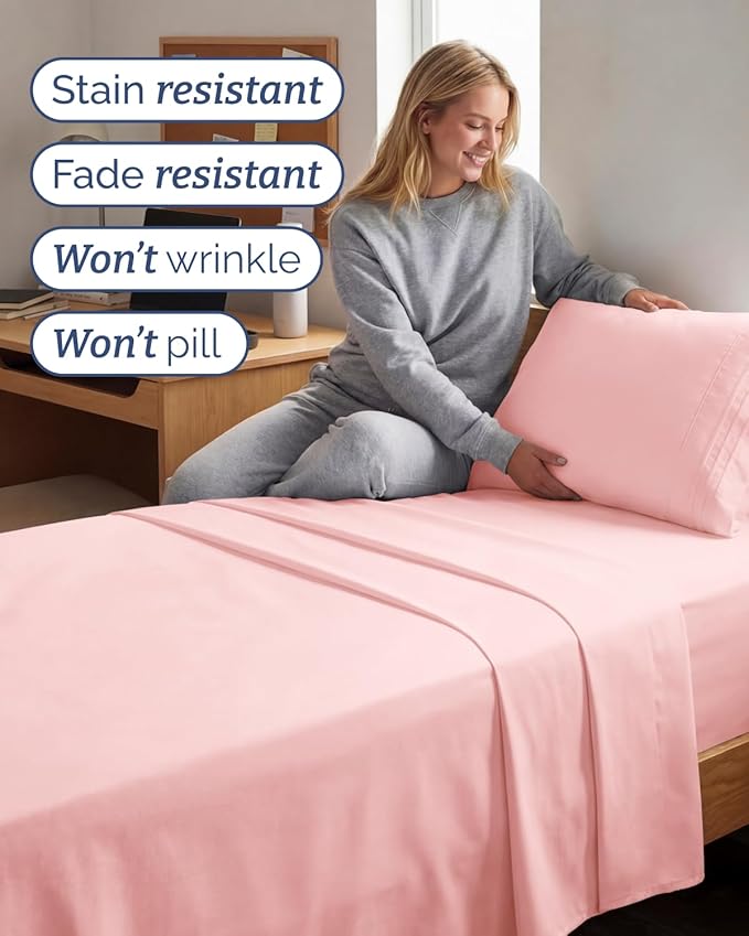 Twin XL 4 Piece Sheet Set - Comfy Breathable & Cooling - Hotel Luxury Bedding for Women, Men, Kids, Teens & Children - 1 Flat & 1 Fitted Sheet & 2 Pillowcases w/ Deep Pockets, Wrinkle Free - Baby Pink