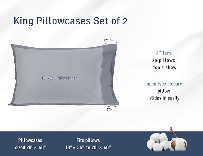 Pillow Cases, King Size Cotton Percale Weave Pillowcases, Pre-Shrunk Breathable and Hypoallergenic Pillowcases, Set of 2 (2 Piece King 20 Inch x 40 Inch, Dark Gray)