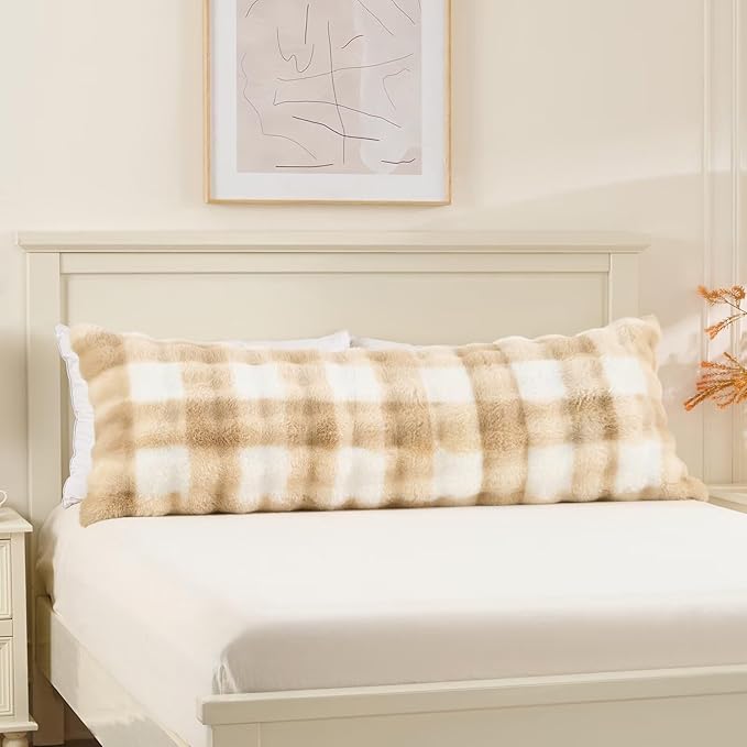 Luxury Shaggy Faux Fur Body Pillow,Fluffy Bed Pillow with Zipper Closure,Soft Decorative Plush Full Long Pillows,Fuzzy Hug Pillow for Living Room Side Sleeper & Pregnancy 20"x54" Cream and Camel