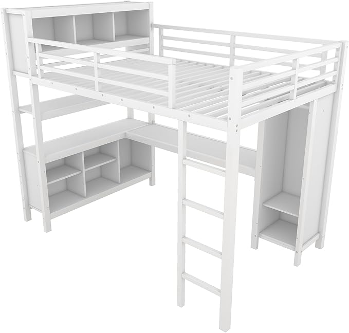 Full Size Loft Bed with L Shaped Desk, Wardrobe and Storage Shelves, Metal Heavy Duty Loft Bed Frames with Ladder and Guardrails for Kids, Teens, Juniors, Space Saving (White, Full)