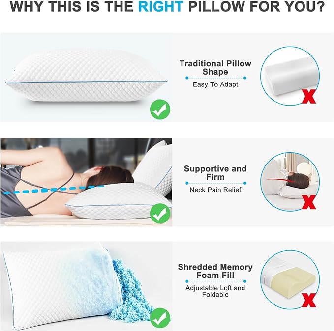 VVZ Cooling Bed Pillows Standard Size Set of 4,Shredded Memory Foam Pillows with Gel, Adjustable Firmness for Side, Back, Stomach Sleepers, 20x26, White