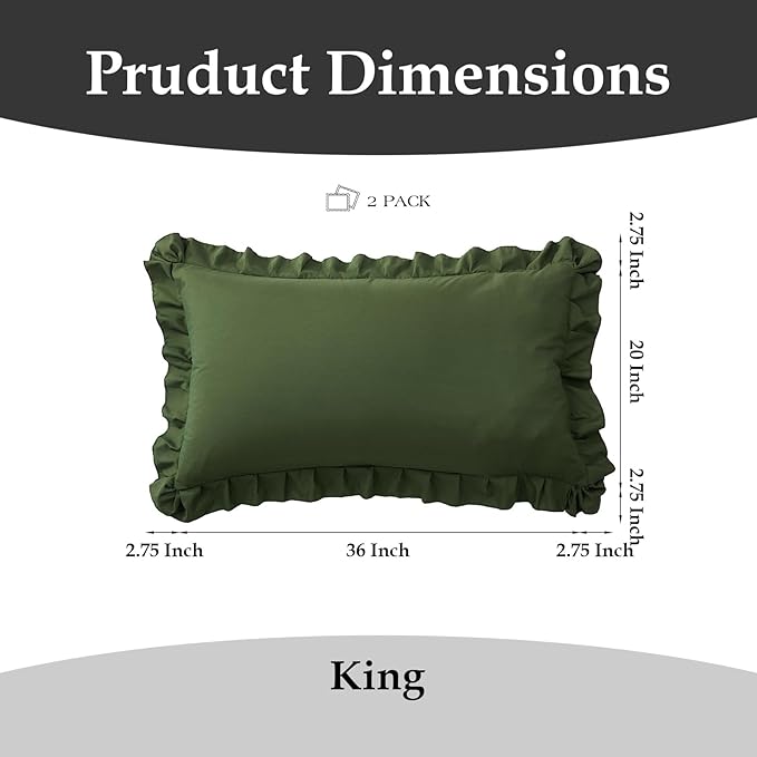 Ruffle Pillow Cases King Size Set of 2 – Soft Wrinkle Resistant Brushed Microfiber Ruffled Pillowcases –Envelope Pillow Shams Cover Festive Gift for Hotels, Guest Rooms 20x36 Inch (Olive Green)