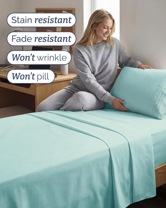 Twin XL 4 Piece Sheet Set - Comfy Breathable & Cooling - Hotel Luxury Bedding for Women, Men, Kids, Teens & Children - 1 Flat & 1 Fitted Sheet & 2 Pillowcases w/ Deep Pockets - Wrinkle Free - Spa Blue