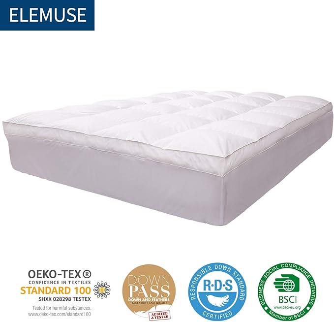 ELEMUSE Cal King Size Extra Thick Fusion Goose Down Feather Filled Mattress Topper, Plush Fluffy Double Layer Pillowtop Mattress Pad Cover, Soft Featherbed with 8-21 Inch Deep Pocket