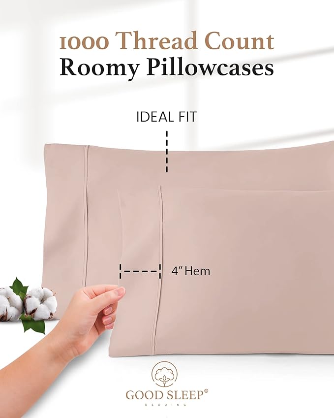 1000 TC Blush King Pillowcases Set of 4 100% Egyptian Cotton Pillow Cases with Long Staple Cotton & Sateen Weave, Silky Soft Hotel - Like Bed Pillow Covers for Comfy Sleeping, Snug Fit