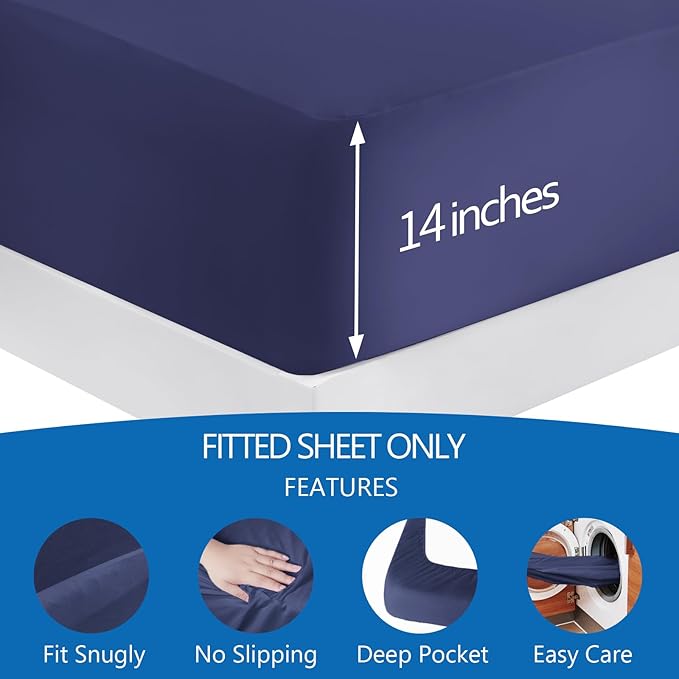 Twin Fitted Sheet Only, Twin Size Sheets for Kids Up to 14 Inches Deep Procket, Single Bed Mattress Sheets Stretchable Breathable Cover, Navy