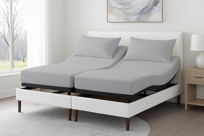 5 Piece Split Cal King Sheet Set, 100% Egyptian Cotton, 16 Inch Deep Pockets, Light Grey Solid, Soft Cooling Sheets for Adjustable Beds, Sleep Number Beds, Split Cal King Mattress Sheet Set