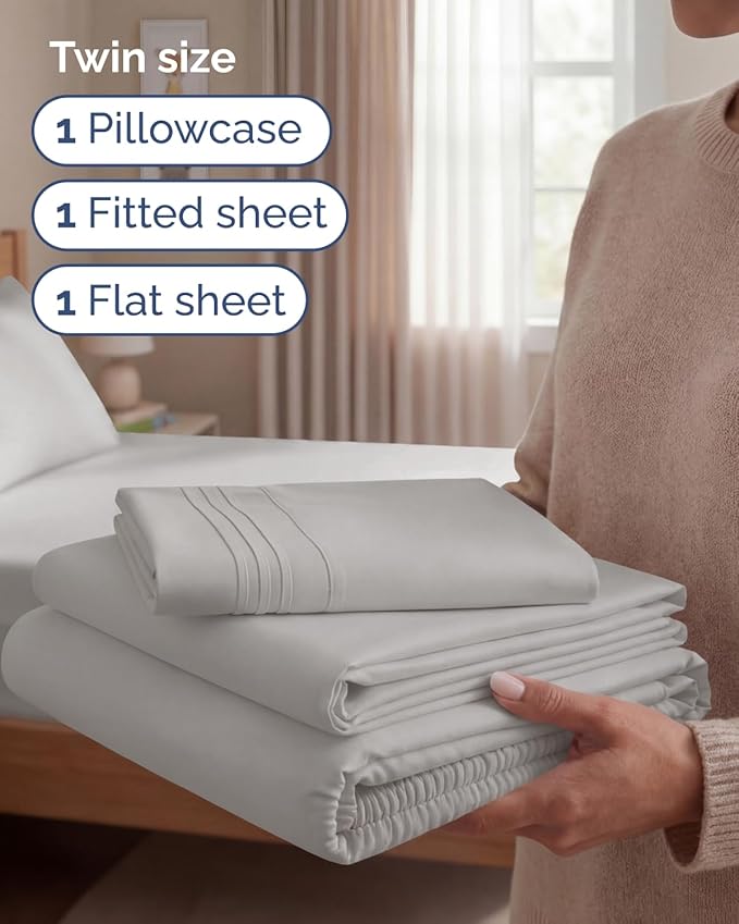 Twin Size 3 Piece Sheet Set - Comfy Breathable & Cooling Sheets - Hotel Luxury Bed Sheets for Women and Men - Deep Pockets, Easy-Fit, Soft and Wrinkle Free Sheets - Light Grey Oeko-Tex Bed Sheet Set