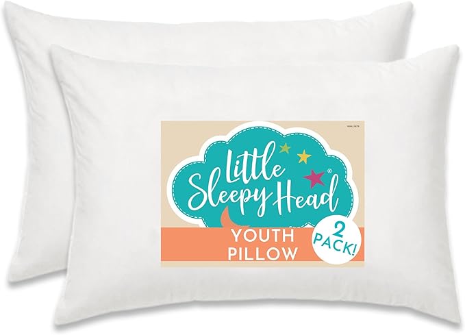 Little Sleepy Head Youth Pillow 16x22 - Soft & Hypoallergenic Bed Pillow Youth Pillows for Sleeping Age 5-10 - Snugly Designed Youth Neck Pillows for Travel, School and Bedtime - (2 Pack)