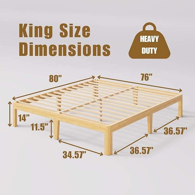 14 Inch High Bamboo Wood King Size Bed Frame Platform, Metal Slat Support King Bed Frame, No Box Spring Needed, Easy Assembly, Noise Free, Reinforced