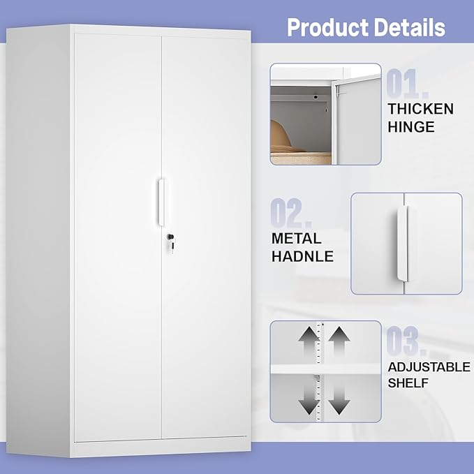 IRONFFICE Metal Wardrobe Closet,Lockable Clothing Storage Cabinet with Adjustable Shelves,Armoire Wardrobe Closet,Steel Wardrobe Armoire for Bedroom,Home,White