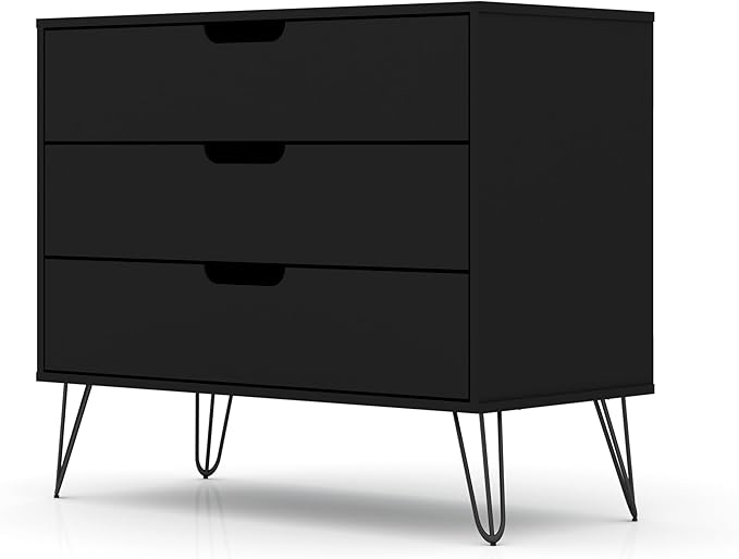 Manhattan Comfort Rockefeller 3-Drawer Dresser Set of 2, Entryway Wood Storage Cabinet, 32 Inch TV Stand Console Table, Anti Tip Kit Included for Bedroom, Nursery, Dorm, Living Room in Black