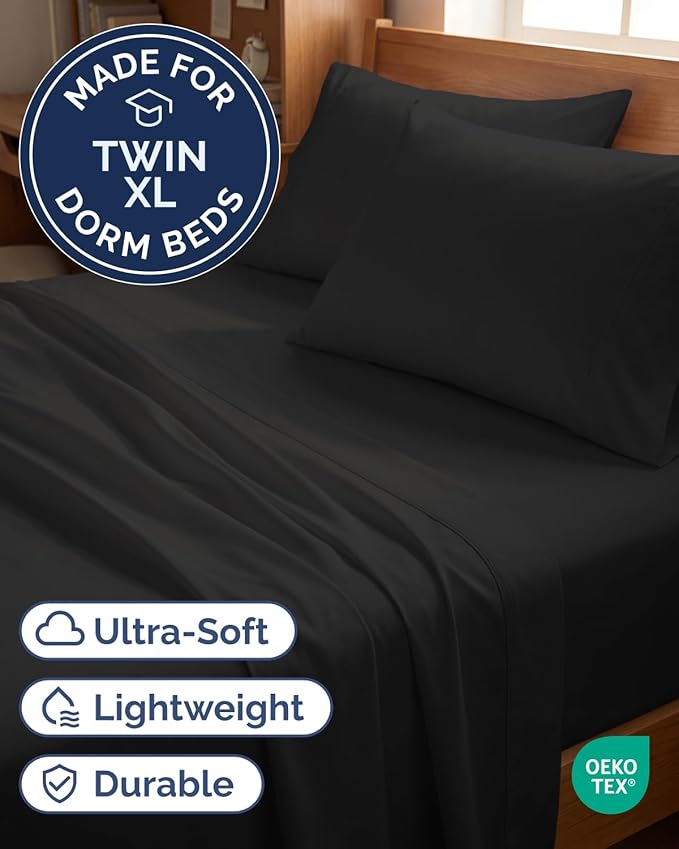 Twin XL 4 Piece Sheet Set - Comfy, Breathable & Cooling - Hotel Luxury Bedding for Women, Men, Kids, Teens and Children - 1 Flat & 1 Fitted Sheet & 2 Pillowcases w/ Deep Pockets - Wrinkle Free - Black