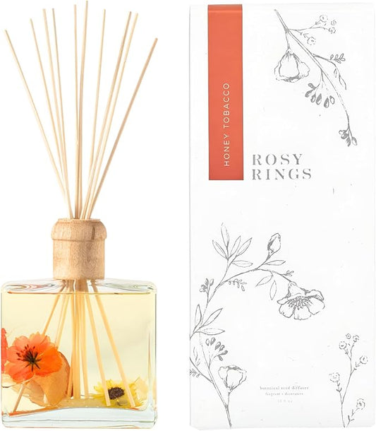 Honey Tobacco Botanical Reed Diffuser, Single Set, Square Glass Bottle 6.76 fl oz Lasts 6-12 Months Amber Oil Aromatherapy Scent Decor, Home Library Office Relaxation Gift