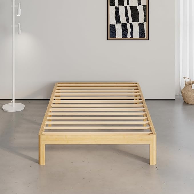 10 Inch High Bamboo Wood Twin XL Bed Frame Platform, Metal Slat Support XL Twin Bed Frame, No Box Spring Needed, Easy Assembly, Noise Free, Reinforced