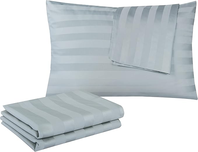100% Egyptian Cotton Pillow Protectors Set of 2, 400 Thread Count Sateen Weave Cooling Pillowcase, Easy Care Zippered Style Pillow Covers (Stripe-Gray, Queen)