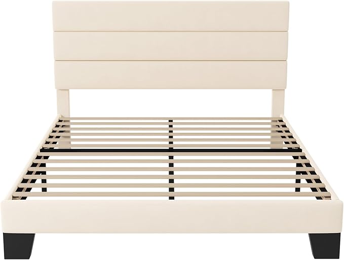 Allewie Queen Size Platform Bed Frame with Velvet Upholstered Headboard and Wooden Slats Support, Fully Upholstered Mattress Foundation/No Box Spring Needed/Easy Assembly, Cream