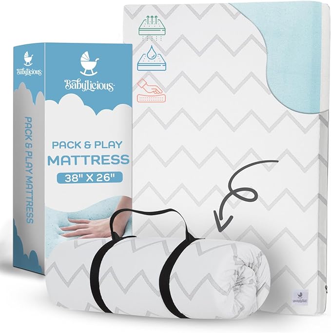 Babylicious Waterproof Pack and Play Mattress Pad - 38" x 26" | Roll Up Style - Breathable Soft Memory Foam - Portable Mattress Topper- Baby Foam Mattresses for Babies - Includes Easy Carry Buckle