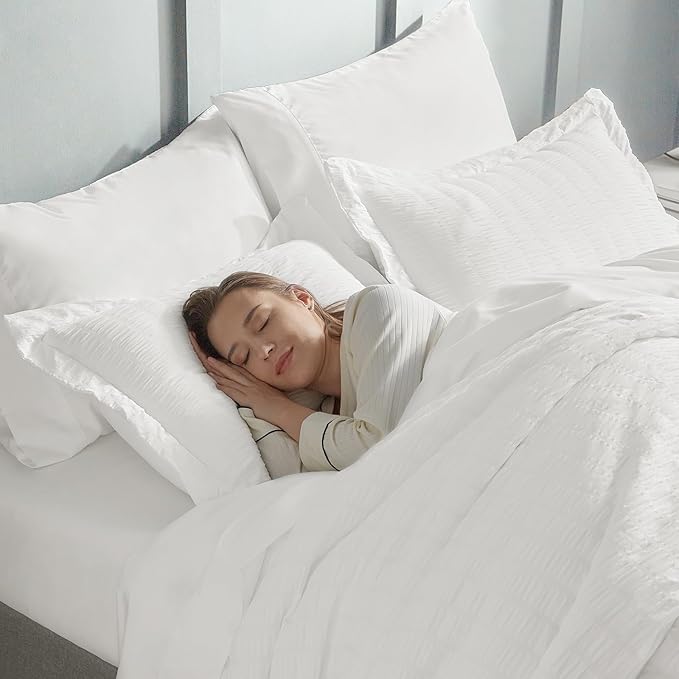 CozyLux Twin Comforter Set with Sheets 5 Pieces, White Seersucker Textured Bed in a Bag for Girls, Luxury Soft Bedding Sets with Down Alternative Comforter, Sheets, Pillowcase & Sham for All Seasons