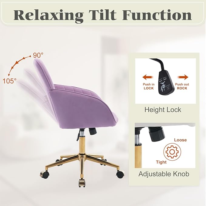 Velvet Vanity Chair with Wheels, Height Adjustable Swivel Makeup Chair, Armless Small Desk Chair for Bedroom/Office/Vanity Table, 250 lbs Capacity (Velvet, Lilac-2)