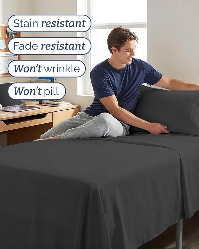 Twin XL 4 Piece Sheet Set - Comfy Breathable & Cooling - Hotel Luxury Bedding for Women, Men, Kids, Teens & Children - 1 Flat & 1 Fitted Sheet & 2 Pillowcases w/ Deep Pockets - Wrinkle Free - Charcoal