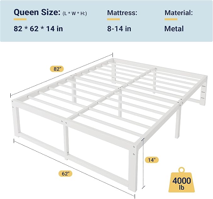 Allewie Queen Bed Frame, 14 Inch Metal Platform Bed Frame with 4000LBS Heavy Duty Steel Slats Support, Noise Free, Easy Assembly, No Box Spring Needed, White