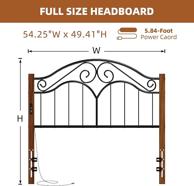 Elephance Headboard for Full Size Bed Frame with Charging Station,USB and Type C Ports, Adjustable Height,Vintage Platform Bed Full Headboard Only, Iron Legs,Easy Assembly,Black