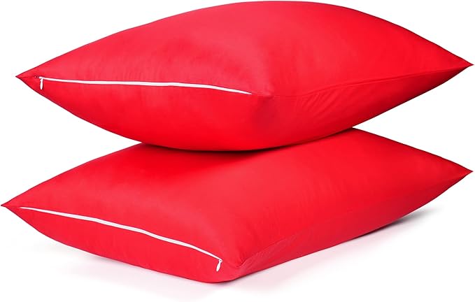 Cotton Pillow Protectors/Cases Queen Size with Zipper 2 Pack Red Color,Cooling & Breathable Bed Pillow Protectors Set of 2 Pillow Cases Cover (Queen Size 20" x 30")