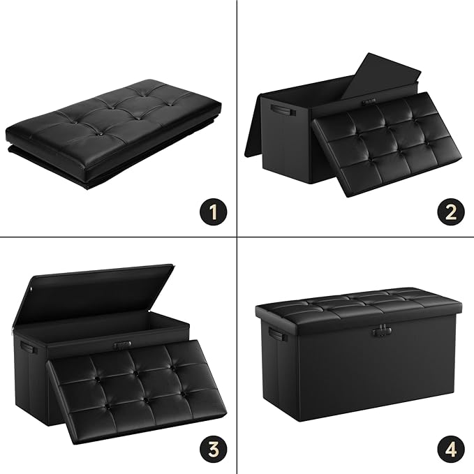 ENGPOW Storage Ottoman Bench,Fireproof Folding Bench with Lock,30 Inches Fire＆Water Resistant Storage Chest Foot Rest Stool Leather Bedroom Bench with Storage Safe for Document,Valuables,Black