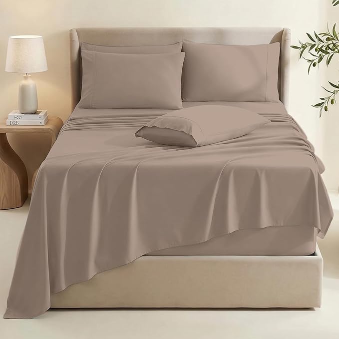 Hearth & Harbor Extra Deep Pocket Sheets - Fits Mattress 18-24 Inches Deep - Extra Deep Pocket Twin Sheets Sets - 4 Piece Twin Size - Taupe