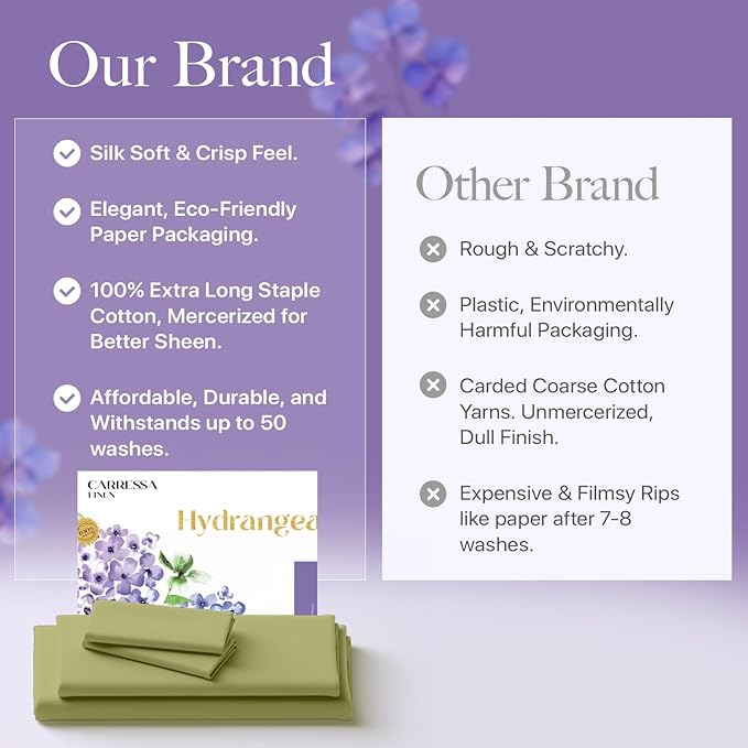 Carressa Linen 100% Egyptian Cotton Twin XL Sheets Set - 600 Series Hydrangeas Collection Luxury Egyptian Cotton Sheets Twin XL Size (3 PC, Sage Green), 16" Deep Pocket, Sateen Weave Bedding