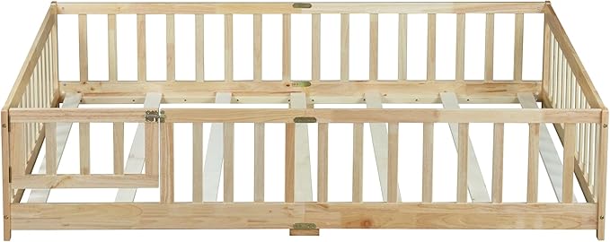Bellemave Full Size Floor Bed with Slats and Safety Guardrail, Full Size Montessori Floor Bed with Fence and Door, Easy Assemble Montessori Beds for Kids, Girls, Boys, Natural