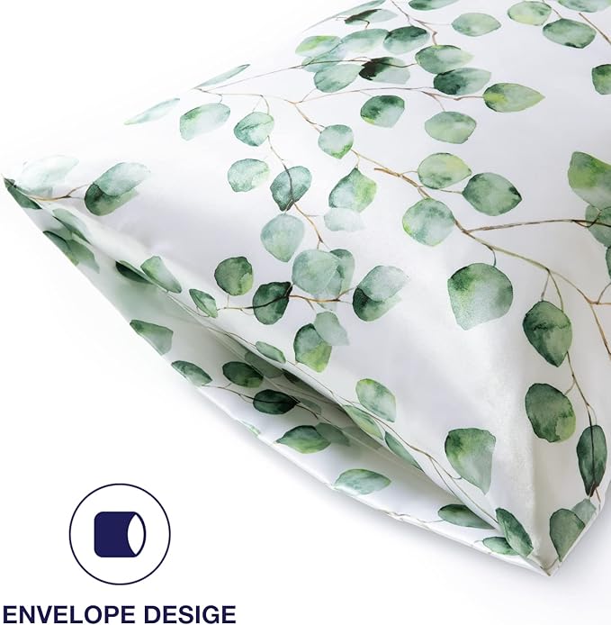 EXQ Home Satin Pillowcase Silky Satin Pillowcase for Hair and Skin,Soft Cooling Printed Pillow Cases Queen Size Set of 2 Satin Pillow Case with Envelope Closure Ink Leaf