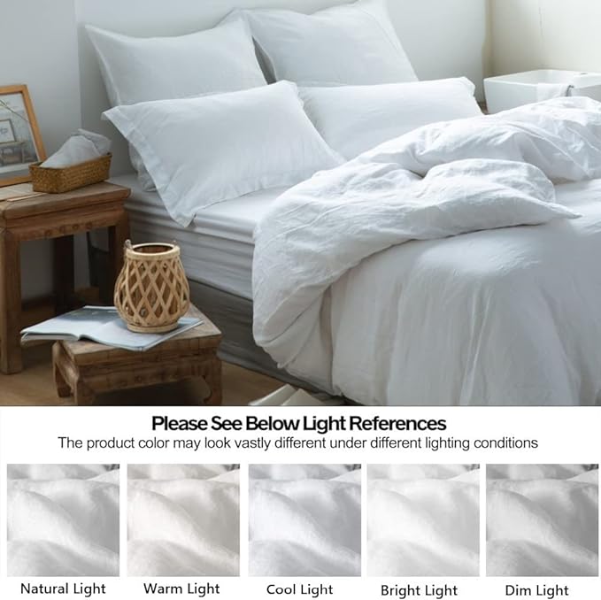 Simple&Opulence 100% Linen Duvet Cover Set 3pcs Basic Style Natural French Washed Flax Solid Color Soft Breathable Farmhouse Bedding with Button Closure - White, King