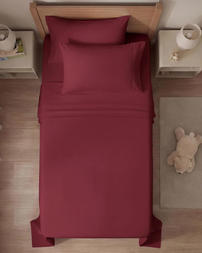 Twin 4 Piece Sheet Set - Comfy, Breathable & Cooling - Hotel Luxury Bedding for Women, Men, Kids, Teens and Children - 1 Flat & 1 Fitted Sheet & 2 Pillowcases w/ Deep Pockets - Wrinkle Free - Burgundy