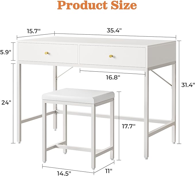 SUPERJARE 35.4" White Desk with 2 Drawers, Modern Makeup Vanity with Padded Stool, Small Computer Desk Home Office Desk for Writing Study Bedroom