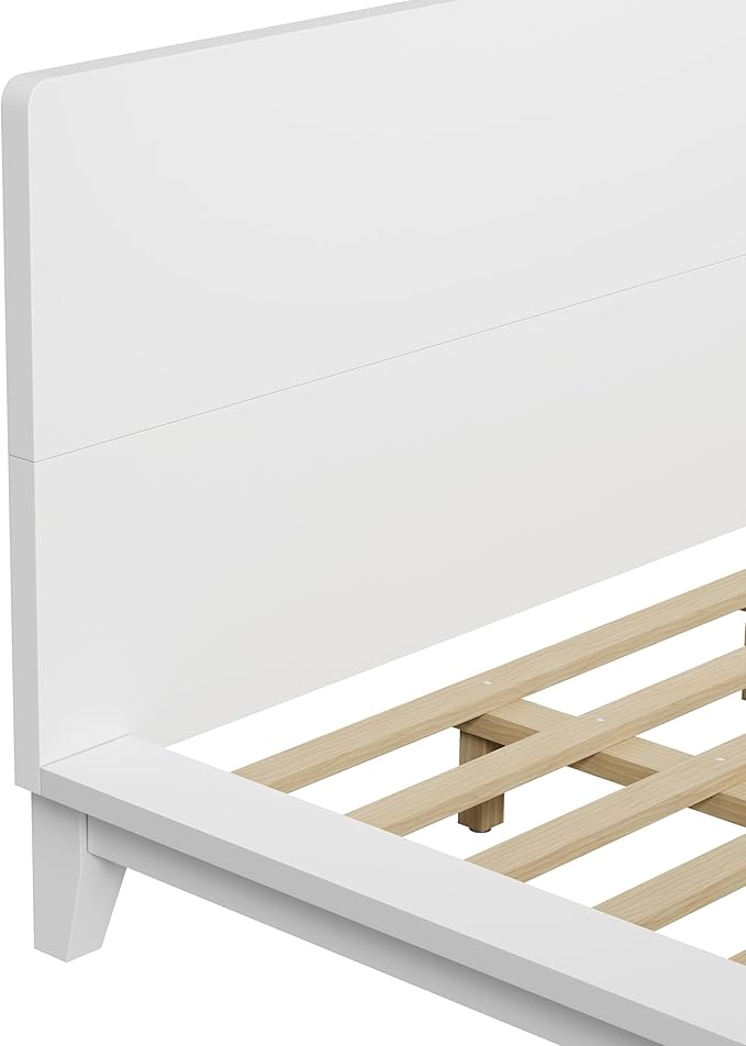 Mid-Century King Size Wooden Bed Frames, Pine Wood Japanese Low Platform Bed with White Headboard, 7 inch Low Under Bed Storage, 800 lbs Capacity, No Box Springs Required (White, King, 35.4" H)