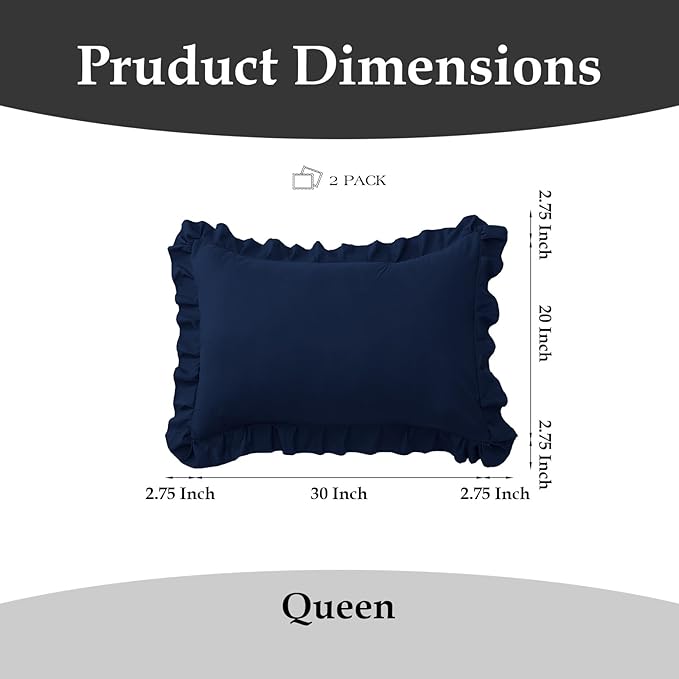 Ruffle Pillow Cases Queen Size Set of 2 – Soft Wrinkle Resistant Brushed Microfiber Ruffled Pillowcases –Envelope Pillow Shams Cover Festive Gift for Hotels, Guest Rooms 20x30 Inch (Navy Blue)