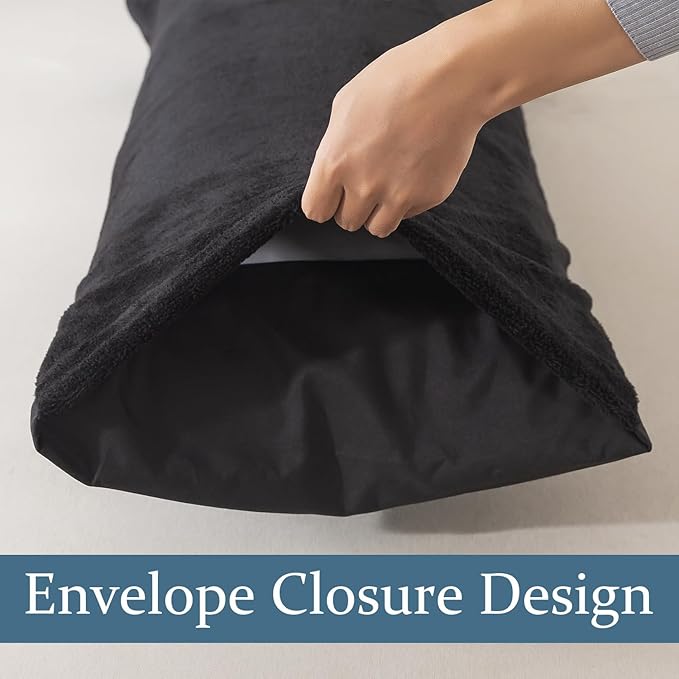 Whatsbedding Sherpa Body Pillow Cover, Ultra Soft Faux Fur Body Pillowcase, Luxury Shaggy Plush Long Pillowcase, Envelope Closure - Black (20x54 inch)