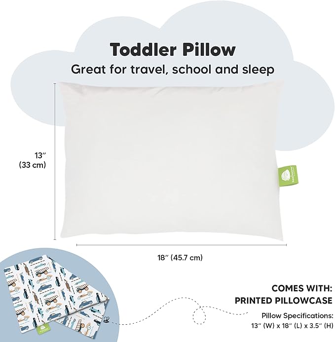 Toddler Pillow with Pillowcase - 13x18 My Little Dreamy Kids Travel Bed Pillows for Sleeping, Organic Cotton Small Pillowcase, Soft & Breathable, Machine Washable, Toddlers 2-5 years old (Vroom)