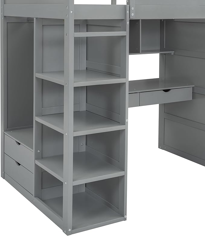 Multi-Functional Twin Size Loft Bed with Built-in Desk and Wardrobes, Solid Wood Loft Bed Frame with 4 Drawers and 4 Shelves for Kids Teens Boys Adults, Maximize Space (Gray-t)