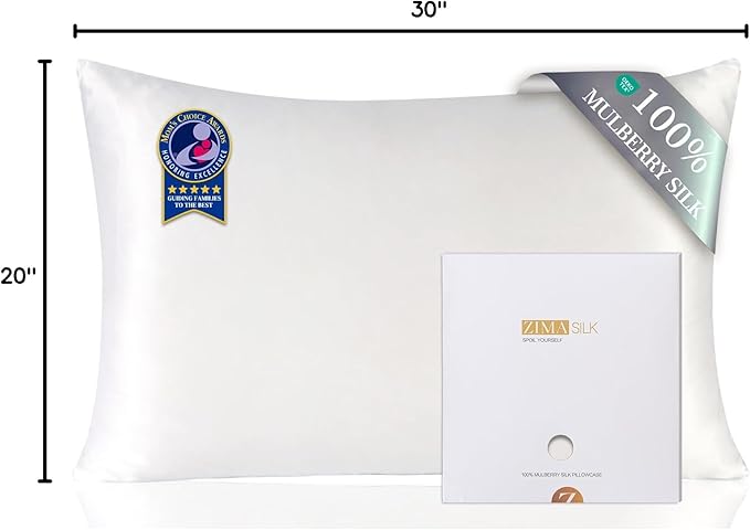 ZIMASILK 100% Pure Mulberry Silk Pillowcase for Hair and Skin Health,Soft and Smooth,Both Sides Premium Grade 6A Silk,600 Thread Count,with Hidden Zipper,1pc (Queen 20''x30'',White)