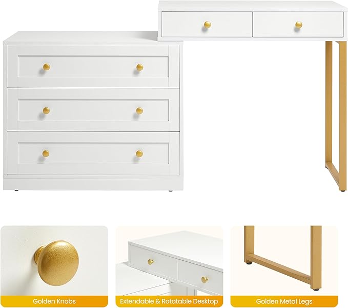 FansaFurn 5-Drawer L-Shaped Vanity Table, Extendable Makeup Vanity Desk with Storage, Modern Dressing Table for Bedroom, Dressing Room, White