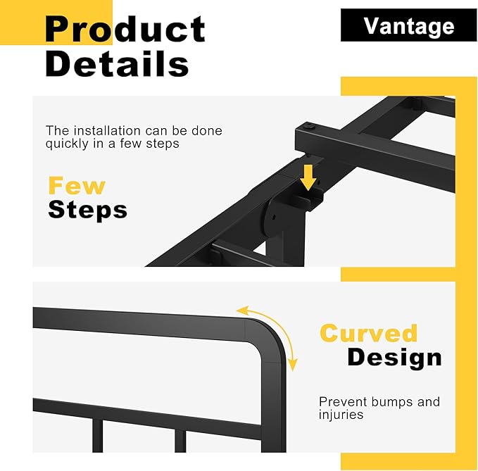DiaOutro 16 Inch Queen Bed Frame with Headboard No Box Spring Needed, Heavy Duty Metal Queen Size Platform with Steel Slat, Mattress Foundation, Easy Assembly, No Noise, Black