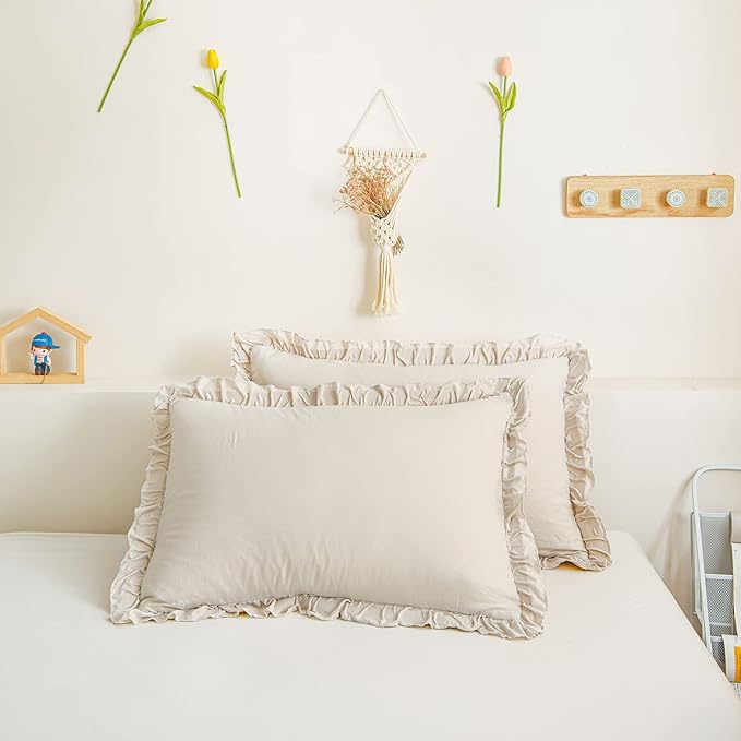 Beige Pillowcases Ruffled Pillow Shams Beige Grey Ruffle Queen Pillowcases Set of 2 Shabby Chic Pillowcases 2 Pack