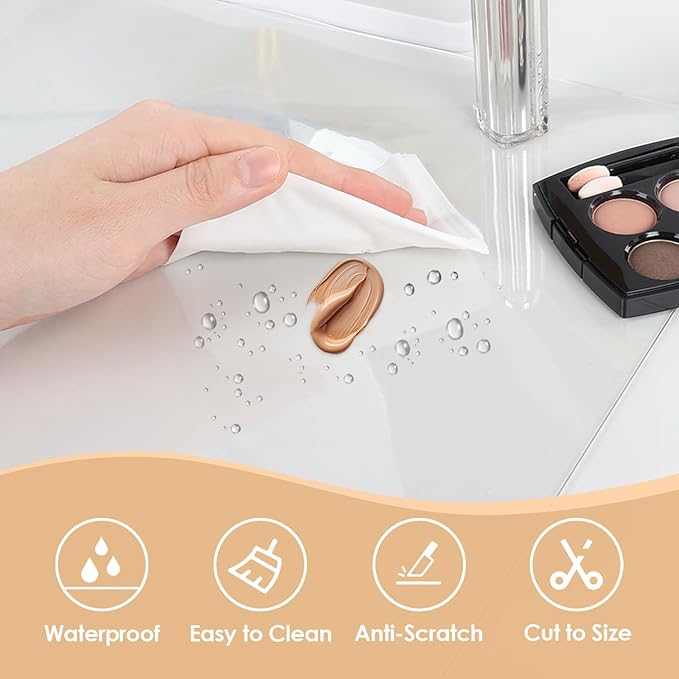 Makeup Mat for Vanity Top 35.4 x 15.7 in, PVC Desk Mat - Easy to Clean, Waterproof & Oilproof Vanity Accessories - Clear
