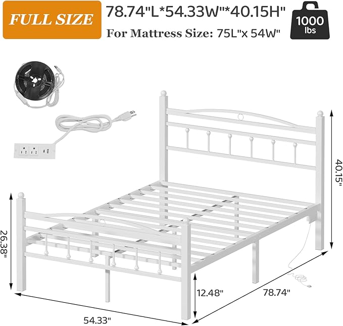 Jenmit Full Size Bed Frame with Headboard, Metal Platform Bed Frame with Charging Station & LED Lights, Storage Space Under Bed, No Box Spring Needed, Noise Free, Easy Assembly, White