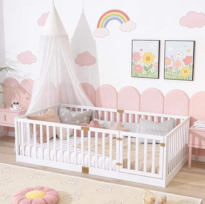 Bellemave Full Size Montessori Floor Bed with 21.5" High Rails, Rubber Wood Full Floor Bed with Slats and Door, White